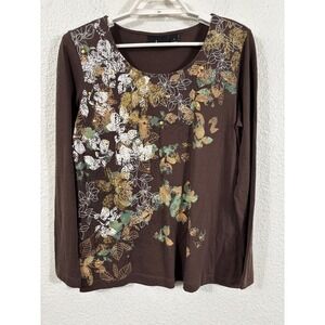 Erika Women's Brown Long Sleeve Floral Print Scoop Neck Cotton Top Size S